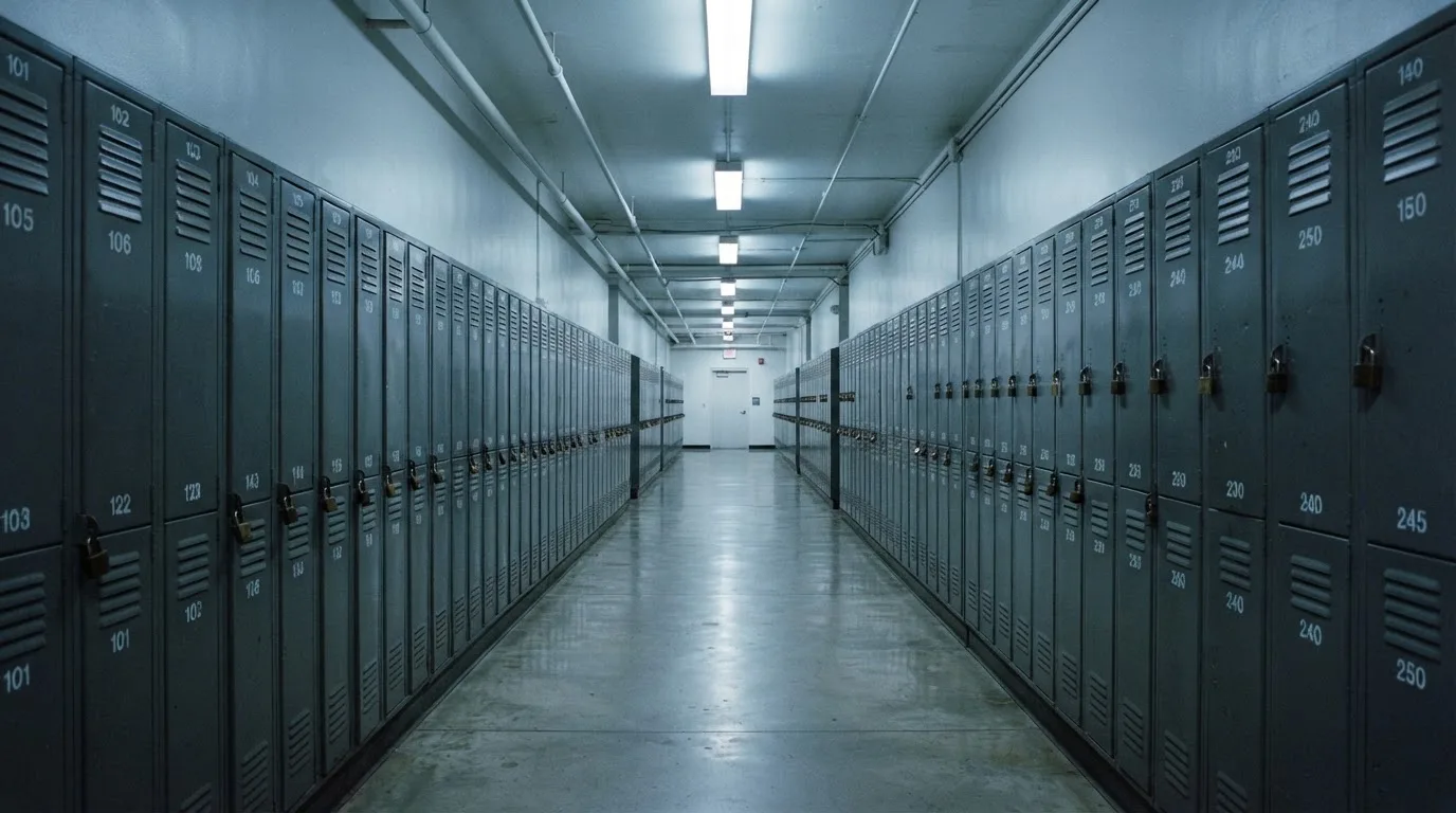 Un șir de dulapuri metalice încuiate pe un coridor lung, luminat de neoane palide — 10 lei depunere la cazinou în romania