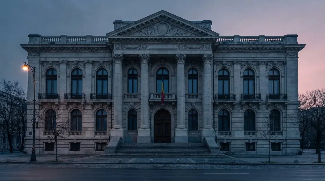 Fațada de piatră a unei clădiri guvernamentale din București, în lumina rece a zorilor — 20 rotiri gratuite în romania