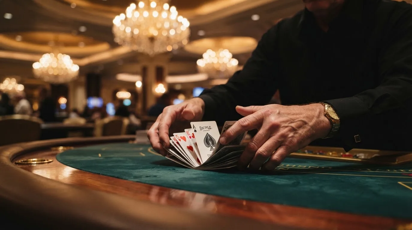 Mâinile unui crupier amestecă cărțile sub candelabrele unui cazinou elegant — blackjack reguli pentru români