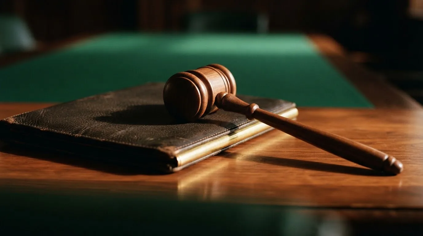 Un ciocan de judecător lângă un dosar de piele închis, pe o masă de nuc lustruit — bune cazinouri în românia