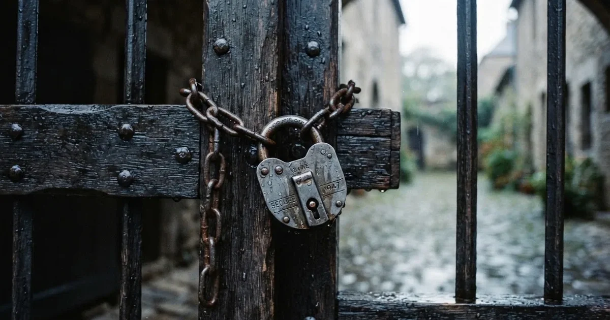 Un lacăt masiv de oțel prins de un lanț gros, pe o poartă de lemn, în ploaie — cardano cazinou în romania