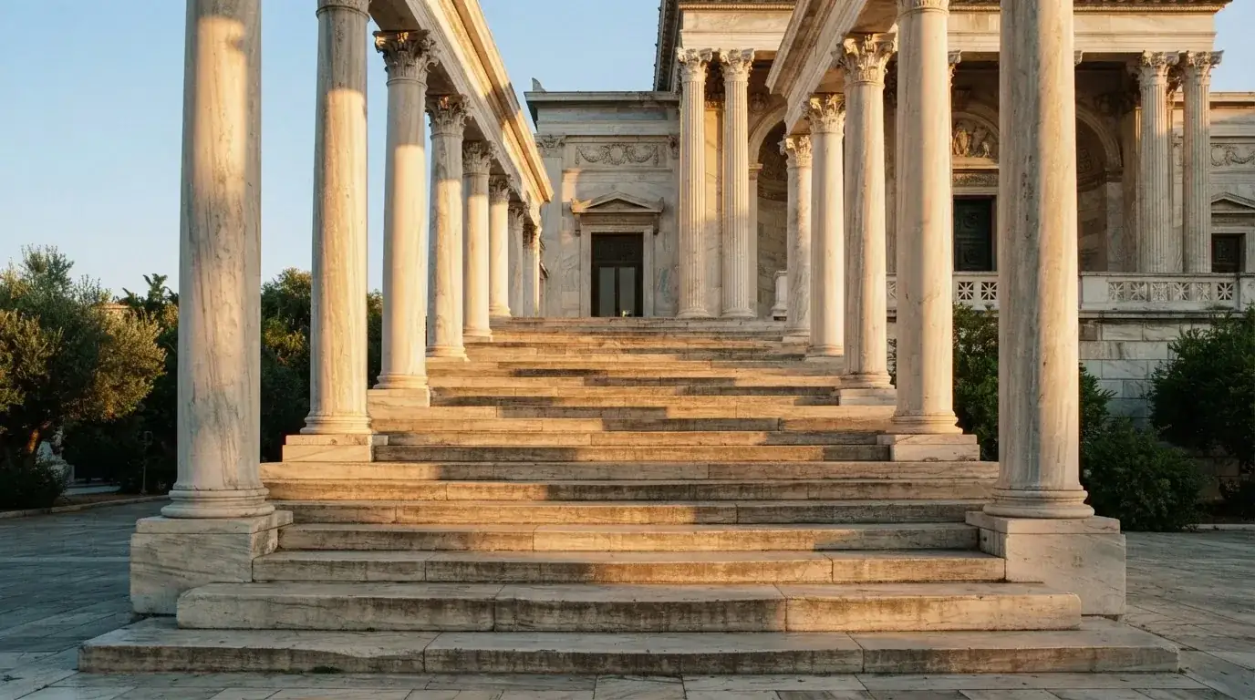 Coloane de marmură ale unei clădiri vechi, cu trepte late scăldate în soarele dimineții — cardano cazinou în romania