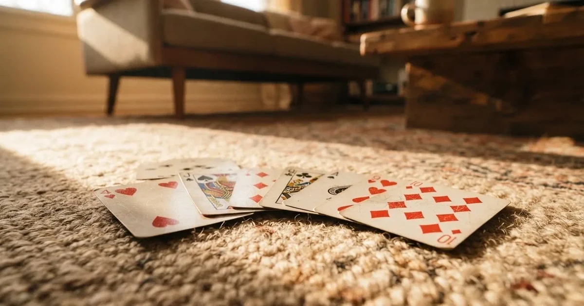 Un pachet de cărți de joc răspândit pe covorul unei camere de zi, într-o după-amiază liniștită — casino gratis în românia