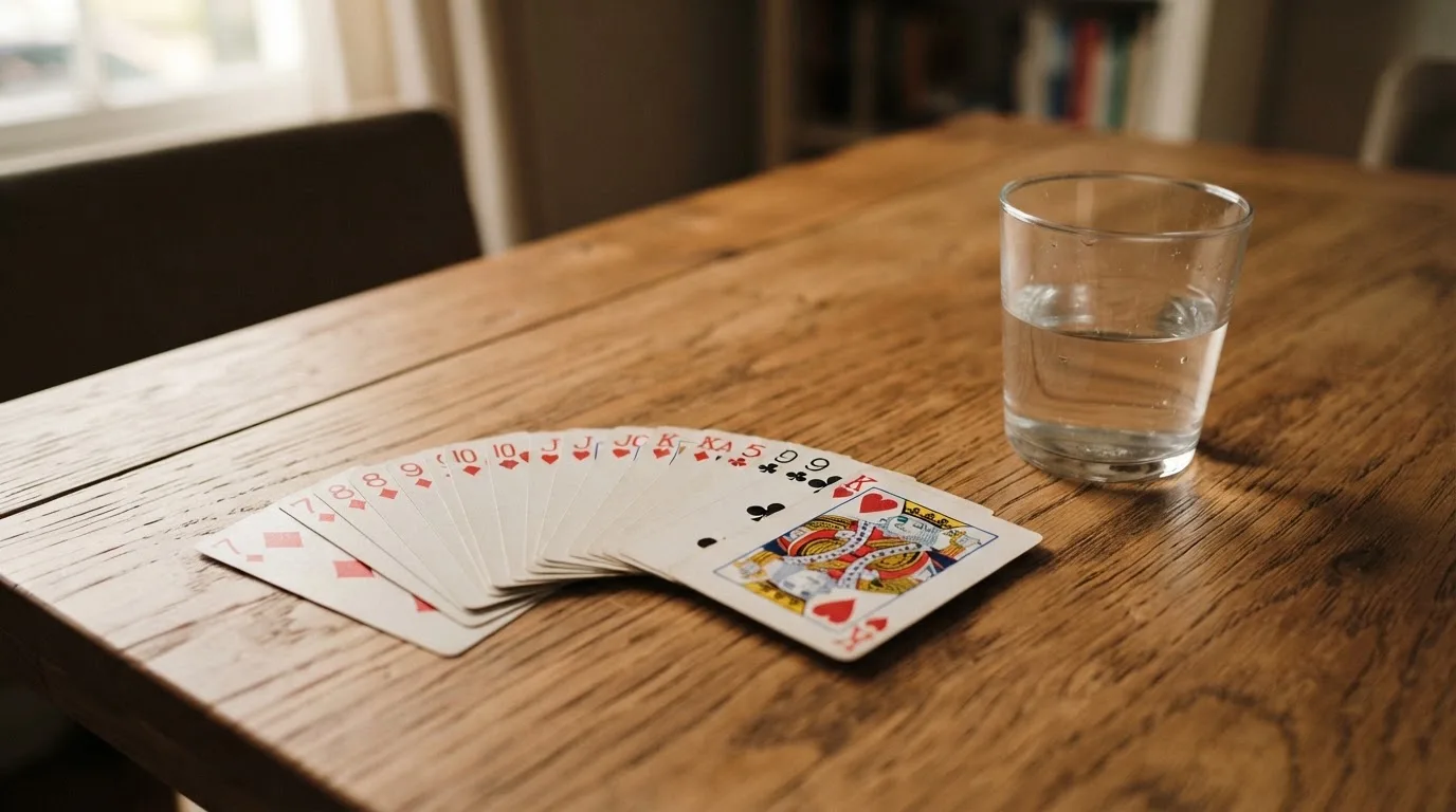 Un pachet de cărți de joc desfăcut evantai pe o masă de stejar, lângă un pahar cu apă — casino gratis în românia