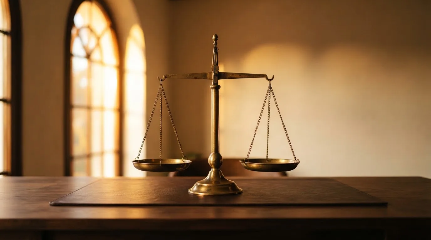 O balanță de alamă pe un birou de lemn, în lumina piezișă a unei ferestre înalte — casinouri online în romania