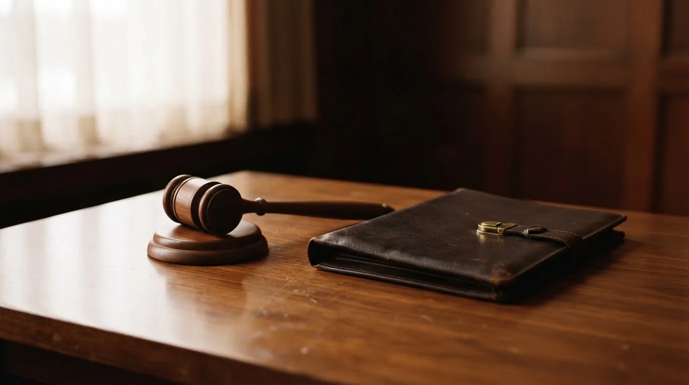 Un ciocan de judecător lângă un dosar de piele închis, pe o masă de nuc lustruit — cazino cu bani reali în românia