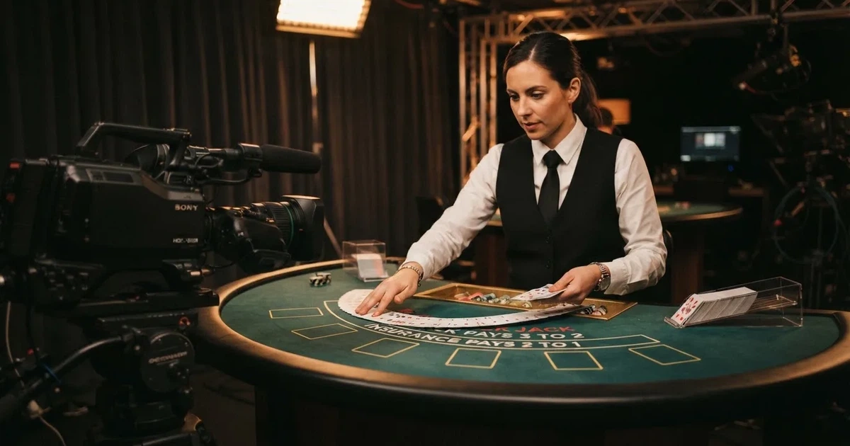 Dealeră în vestă neagră amestecă cărți de joc cu mișcări precise, în fața unei camere de filmat, pe o masă semicirculară cu postav verde.