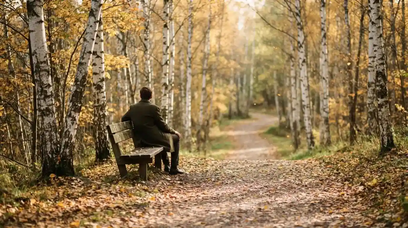 Un om pe o bancă din parc privește frunzele toamnei căzând, în lumină blândă — cazinouri fără licență în românia