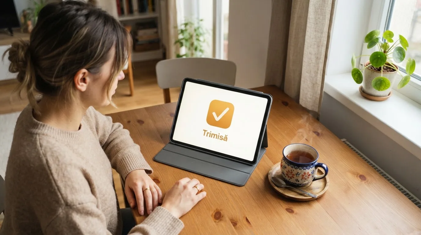 Adult tânăr stă la masa din sufragerie cu o tabletă în față și o cană de ceai, într-o cameră cu lumină naturală puternică.