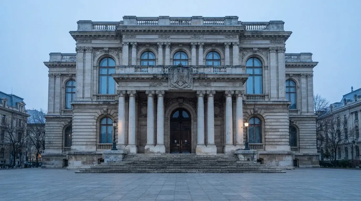 Fațada de piatră a unei clădiri guvernamentale din București, în lumina rece a zorilor — jocuri de ruletă în română