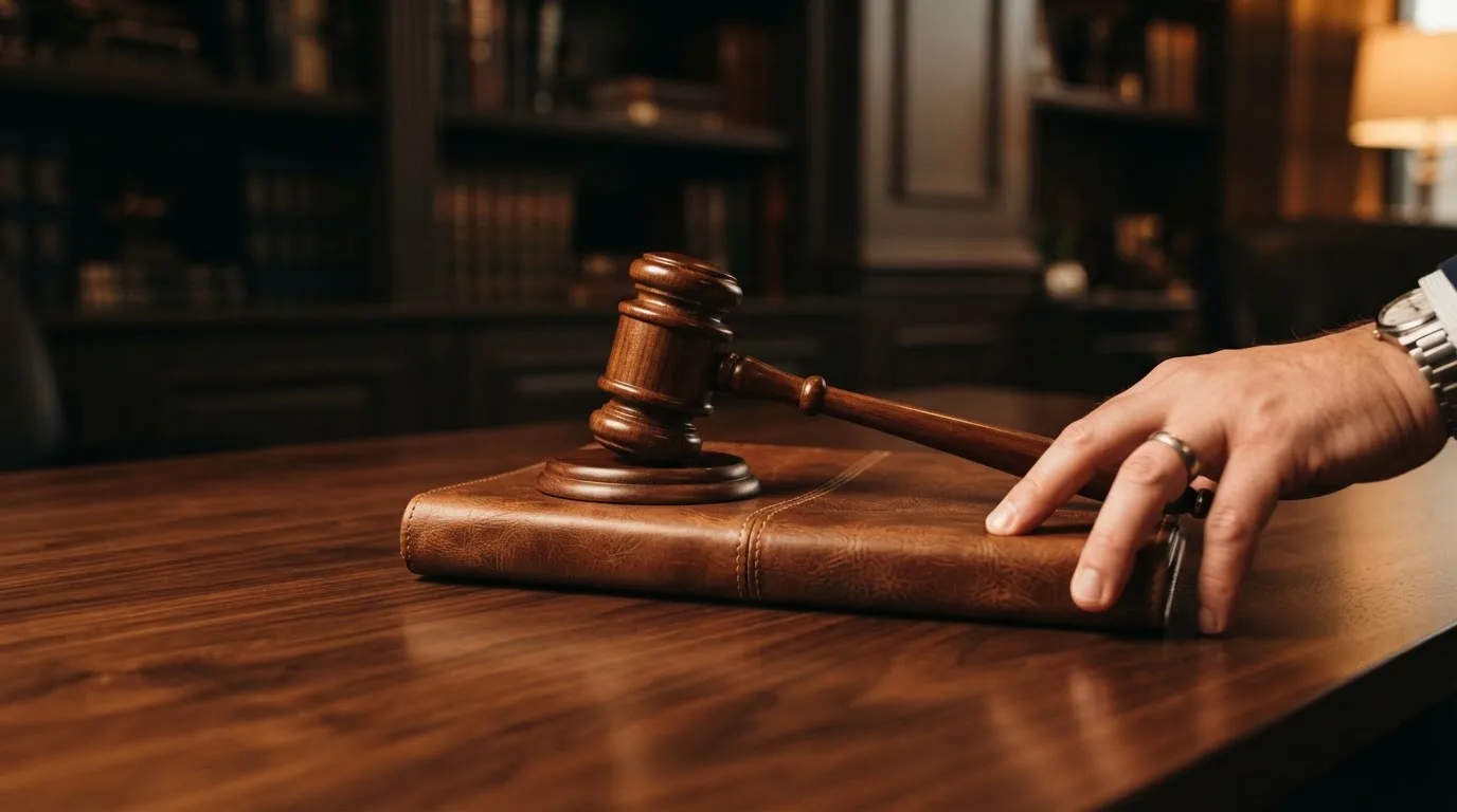 Un ciocan de judecător lângă un dosar de piele închis, pe o masă de nuc lustruit — live blackjack în românia